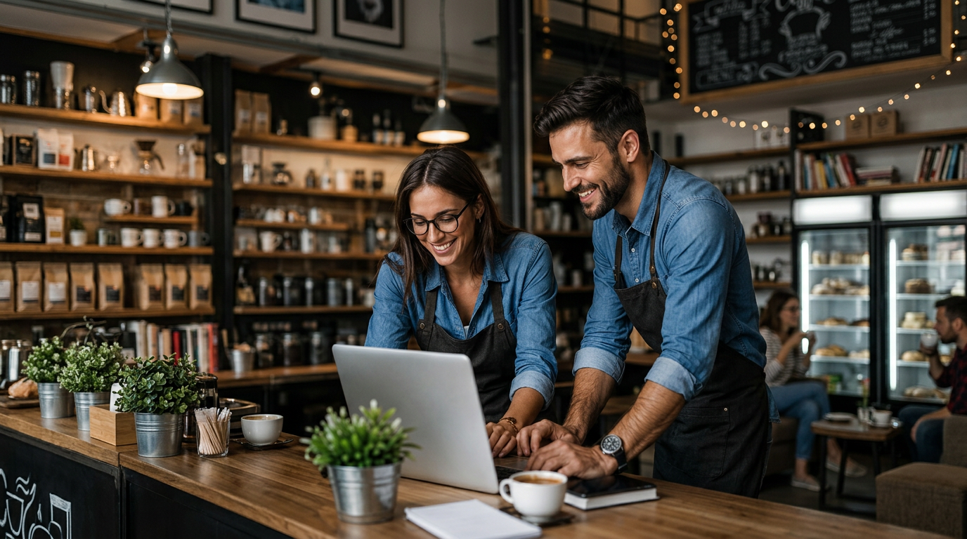 Empreendedores analisando o crescimento do negócio em um café.